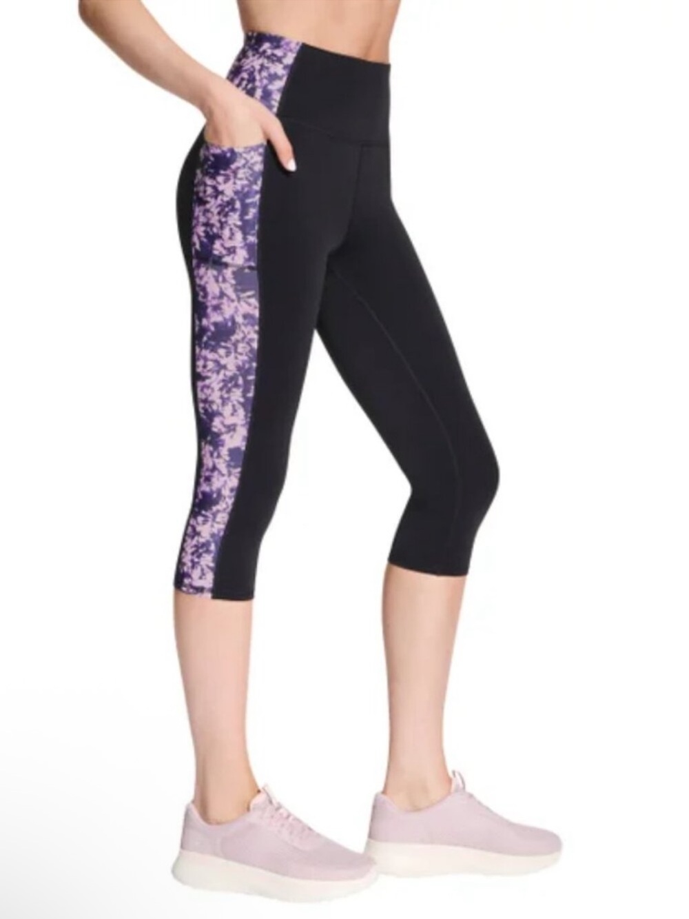 NWT Skechers Black Capri Leggings with Purple Floral Side Panels